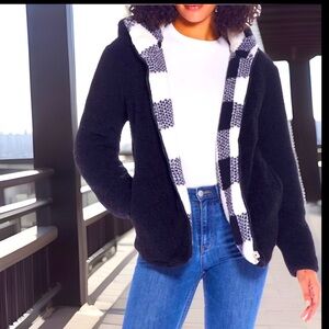 Reversible Ultra Plush Sherpa Fleece Plaid/Black Hooded Jacket/Coat Sz Large NWT